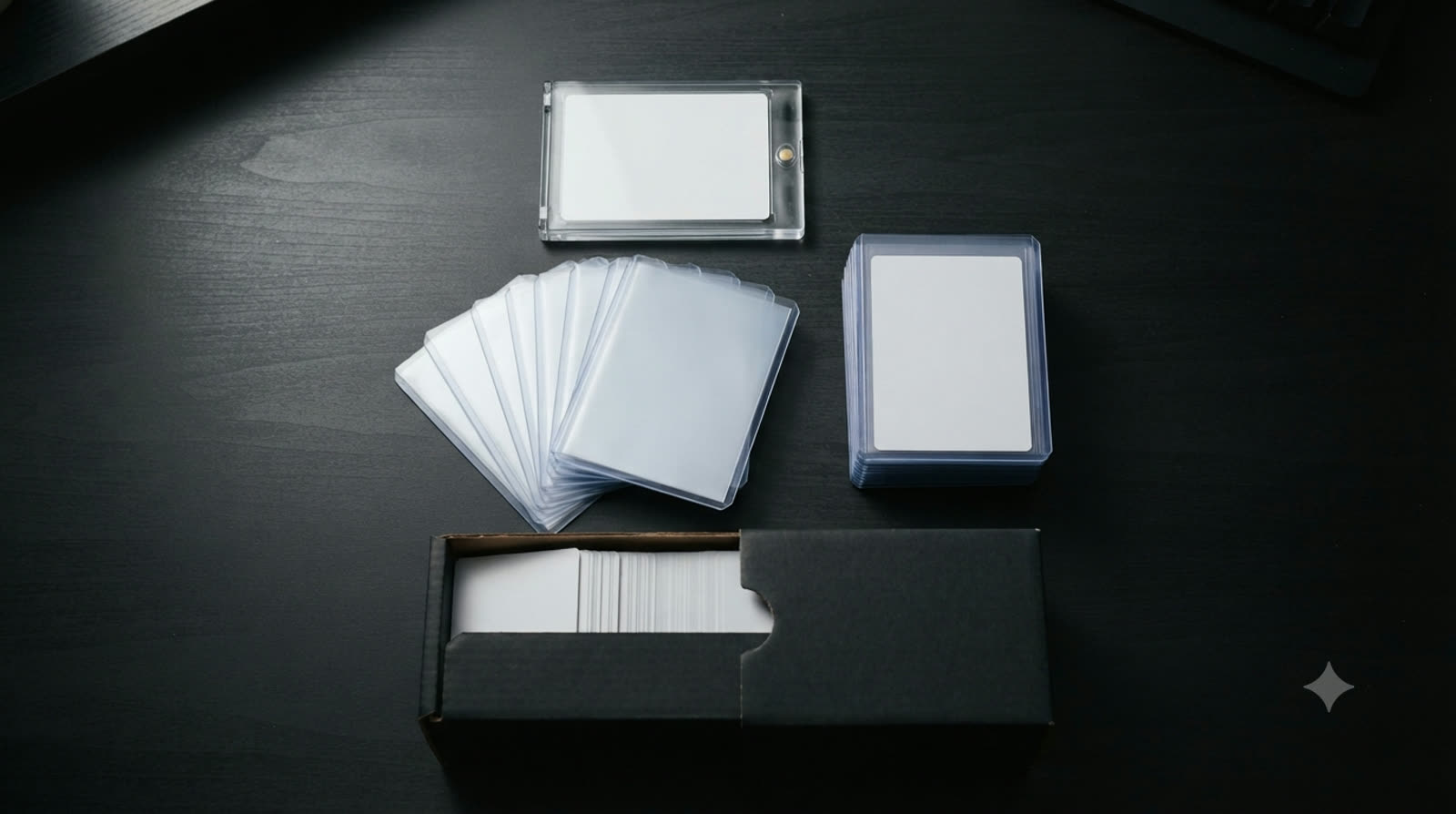 Card protection supplies laid out on a dark counter: a magnetic one-touch holder, penny sleeves, a stack of toploaders and a card storage box