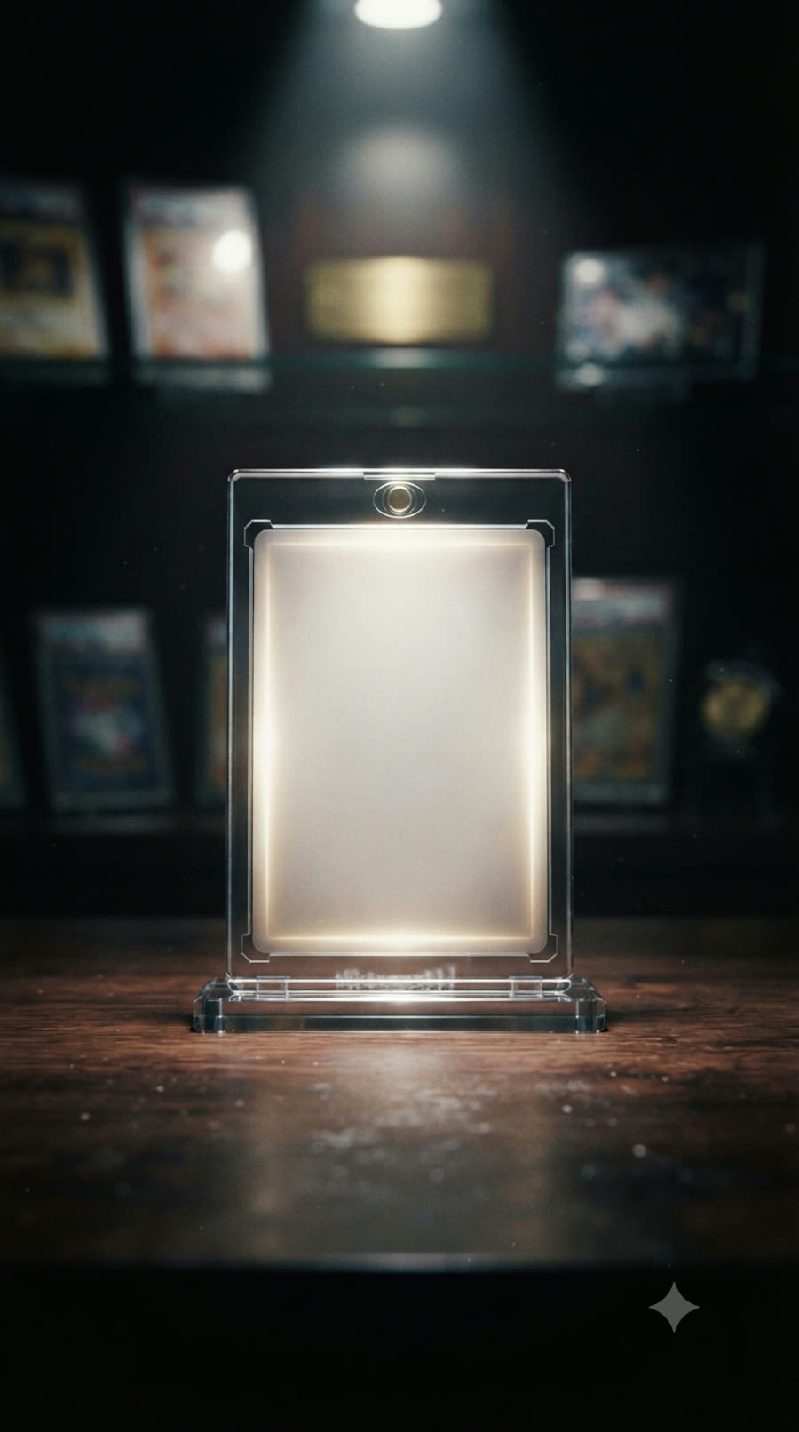 A magnetic one-touch card holder standing on a dark card-shop counter under a single warm spotlight